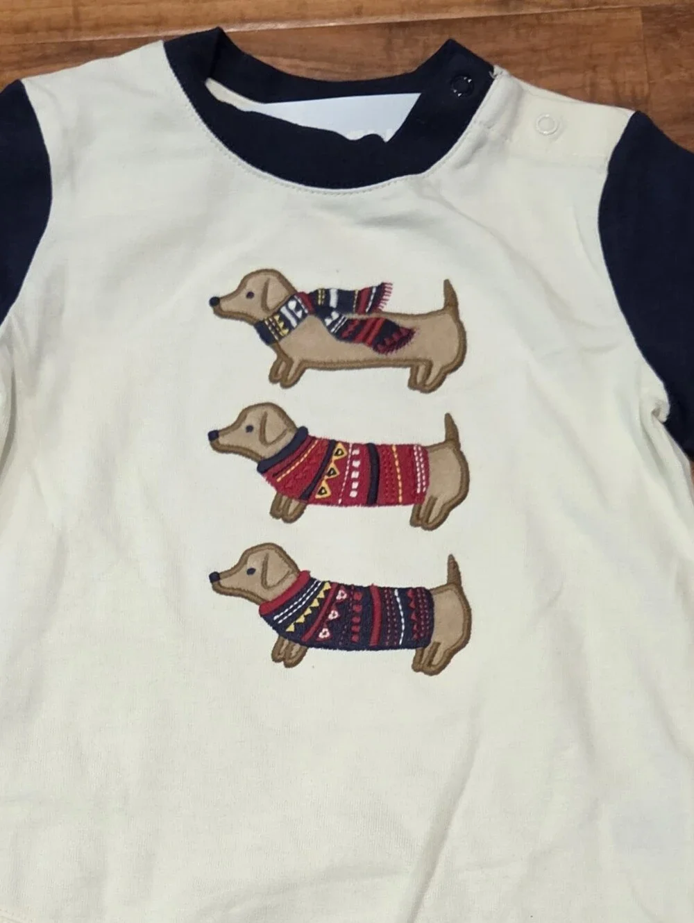 Gymboree NWT 12-18 Months Cream and Navy Holiday Dachshund Bodysuit & Socks (2)